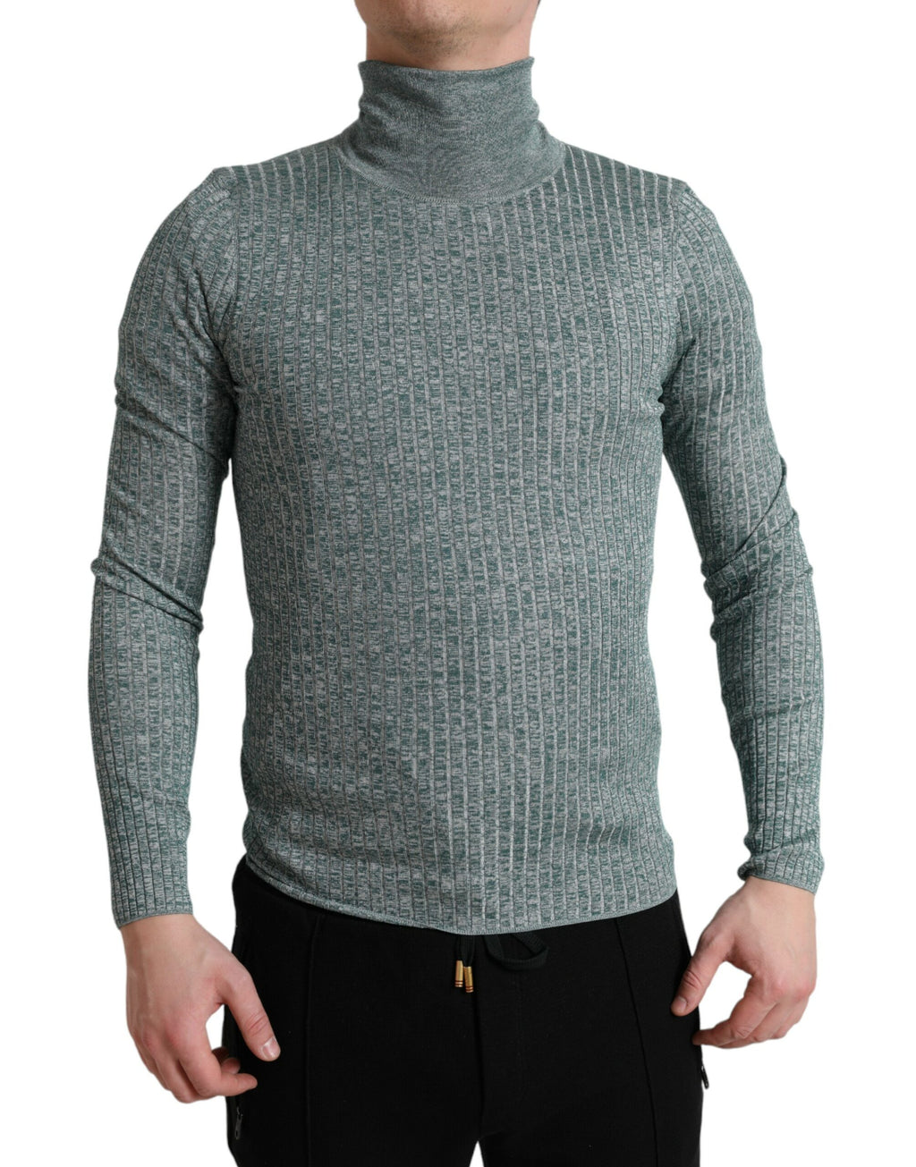 Pull en laine polyester vert Dolce & Gabbana, col roulé, vue de face, texture douce et ajustée, style élégant et moderne.