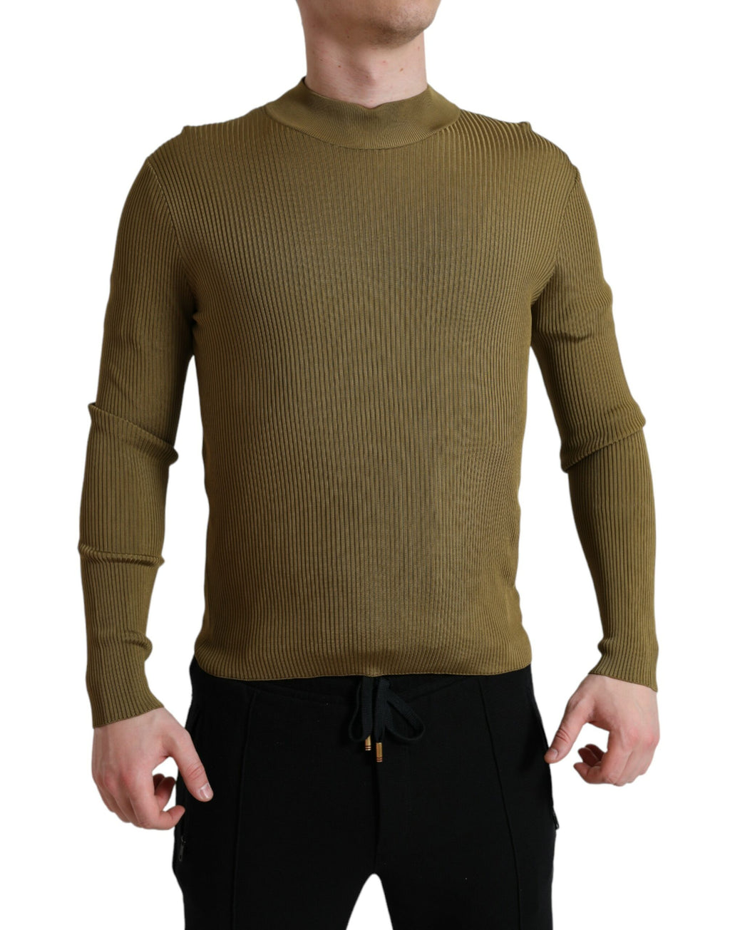 Pull-over en viscose vert armée Dolce & Gabbana avec col rond, image montrant le détail du tissu et la coupe classique.