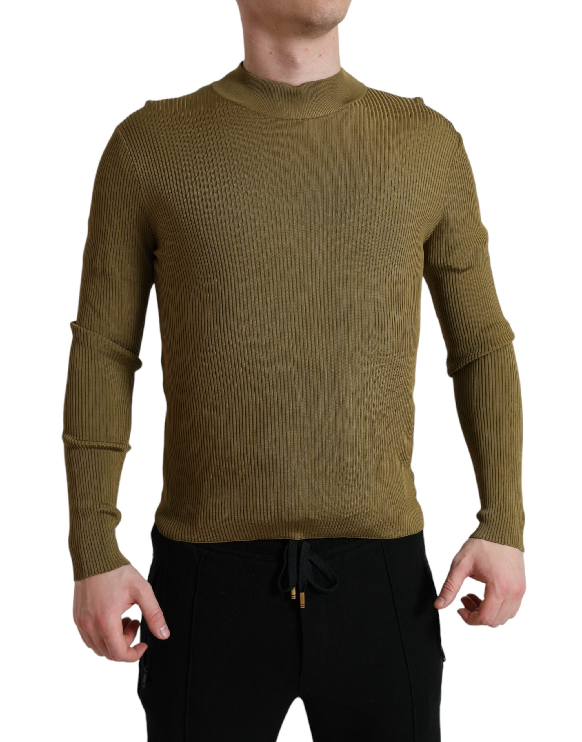 Pull-over en viscose vert armée Dolce & Gabbana avec col rond, image montrant le détail du tissu et la coupe classique.