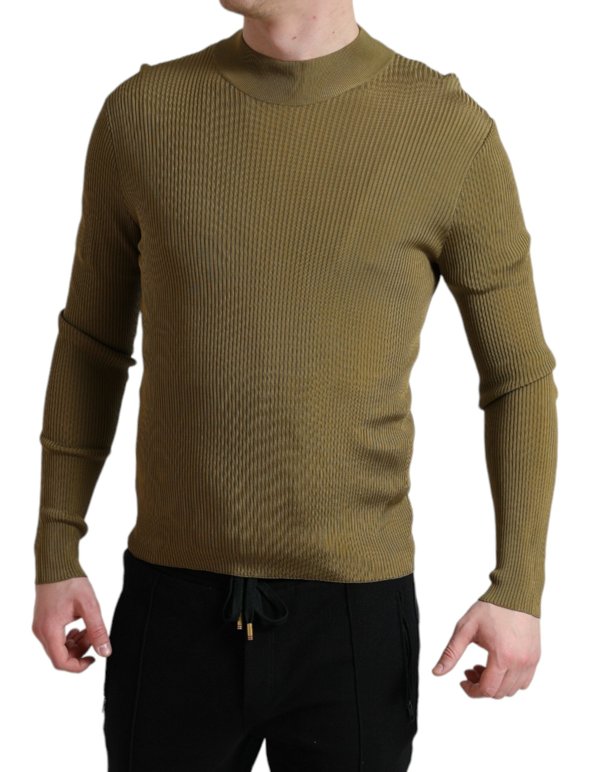 Pull-over en viscose vert armée de Dolce & Gabbana, col rond, style décontracté, vue de face.