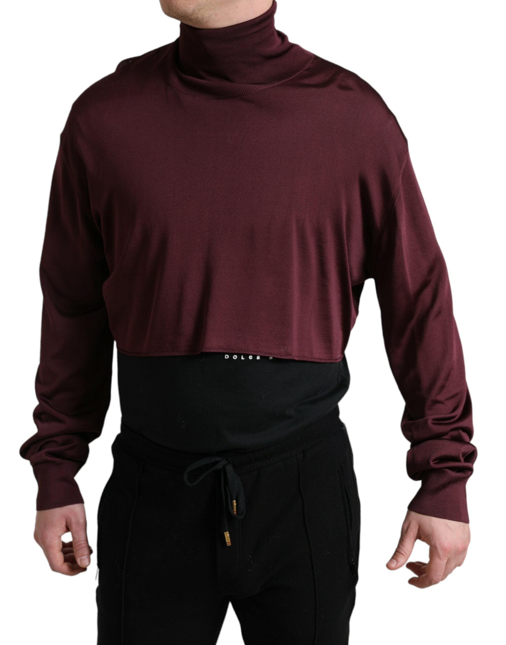Pull en viscose bordeaux Dolce & Gabbana à col roulé, pull-over élégant avec coupe classique et douceur visible dans l'image.