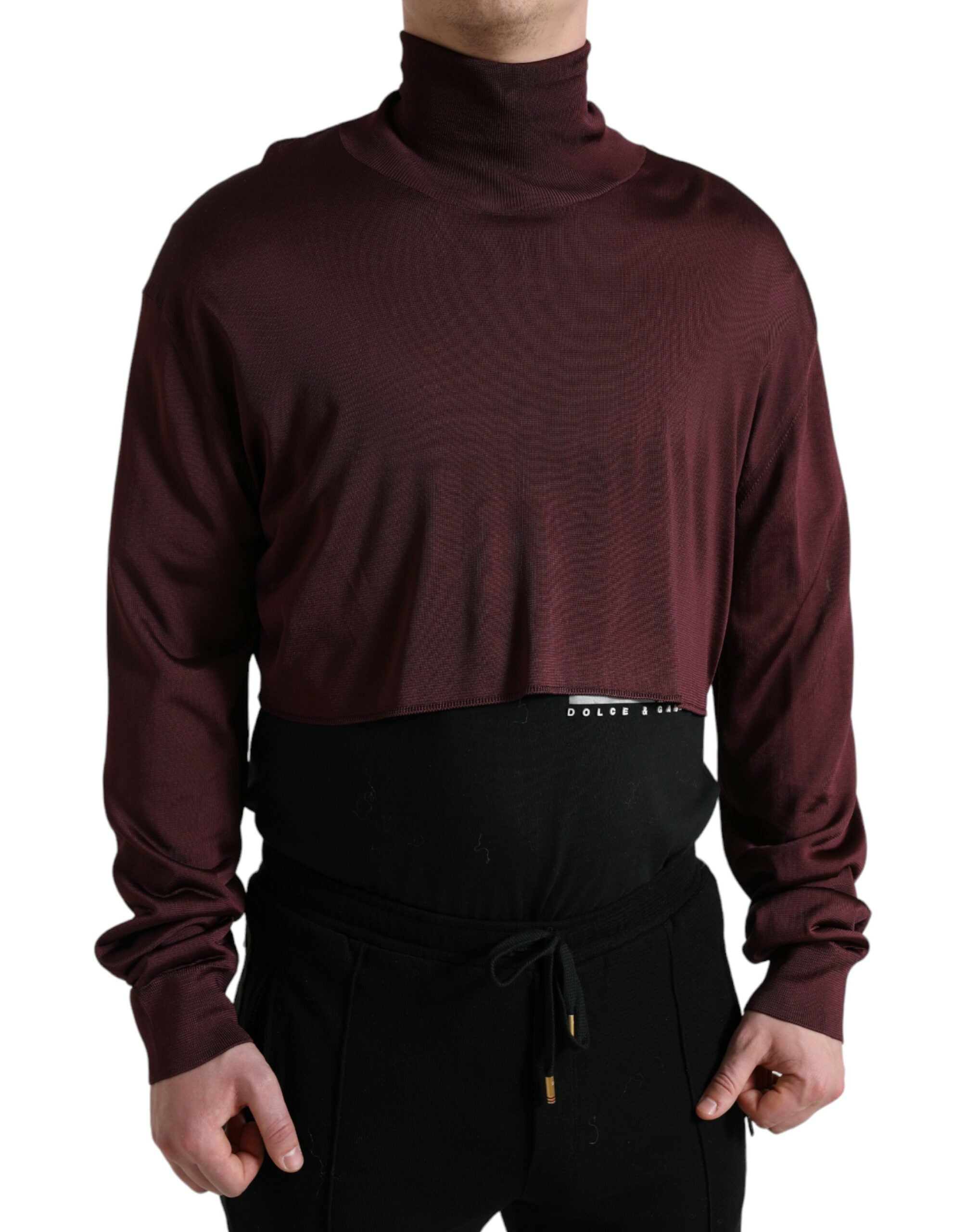 Pull-over en viscose bordeaux Dolce & Gabbana à col roulé, style élégant et confortable, visible avec détails du tissu.