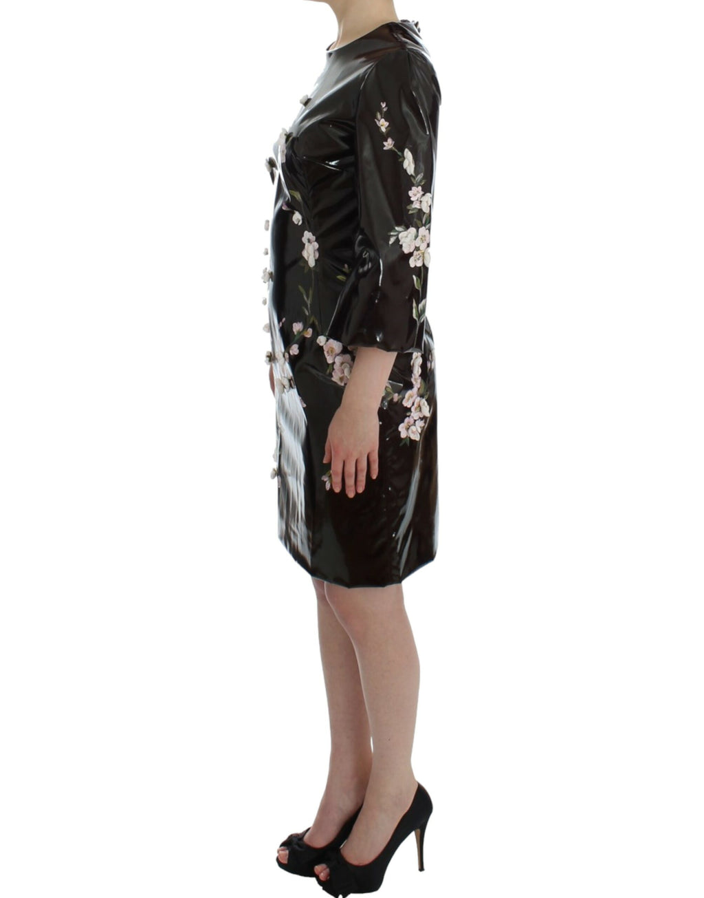 Robe fourreau noire à fleurs avec manches 3/4 de Dolce & Gabbana, élégante et sophistiquée.