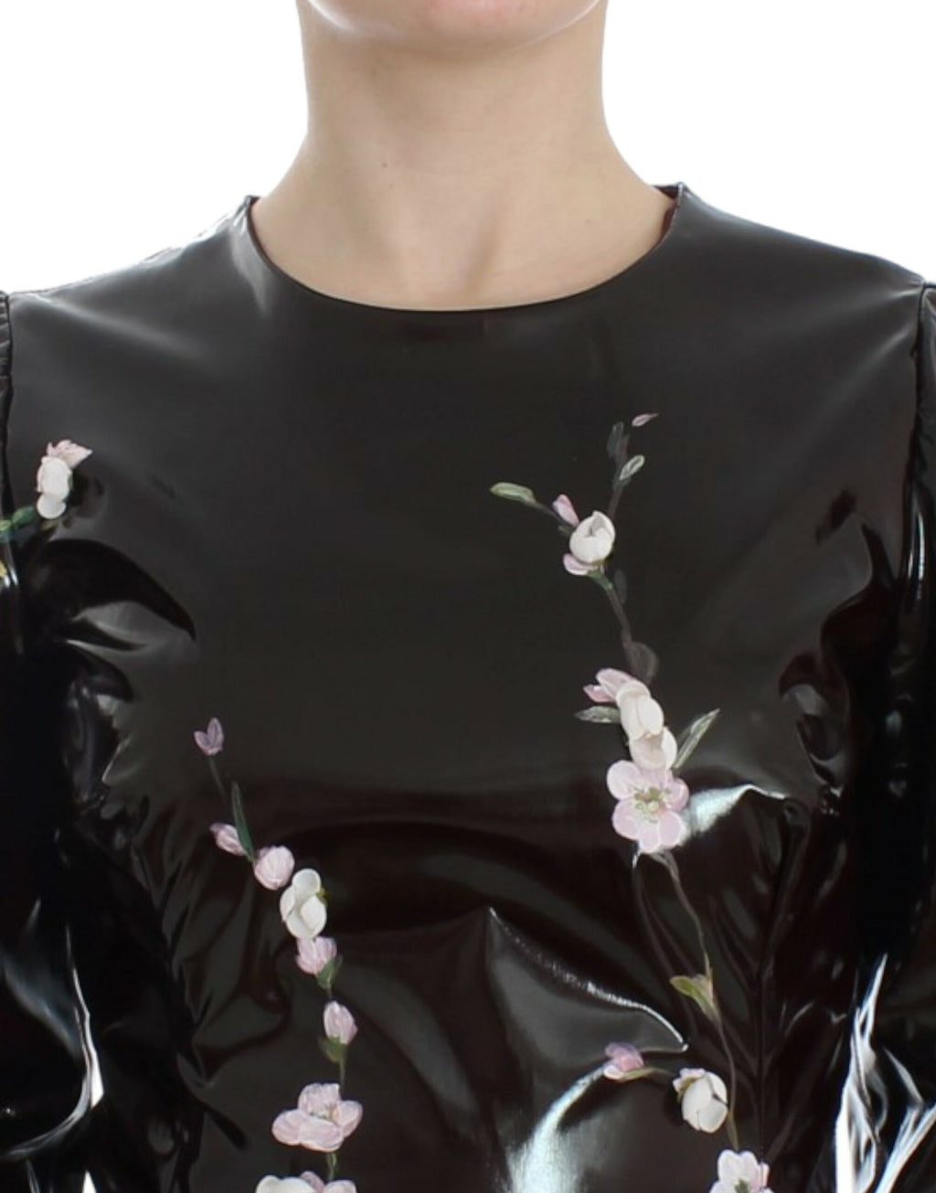 Robe fourreau noire Dolce & Gabbana à manches 3/4 avec motif floral élégant.