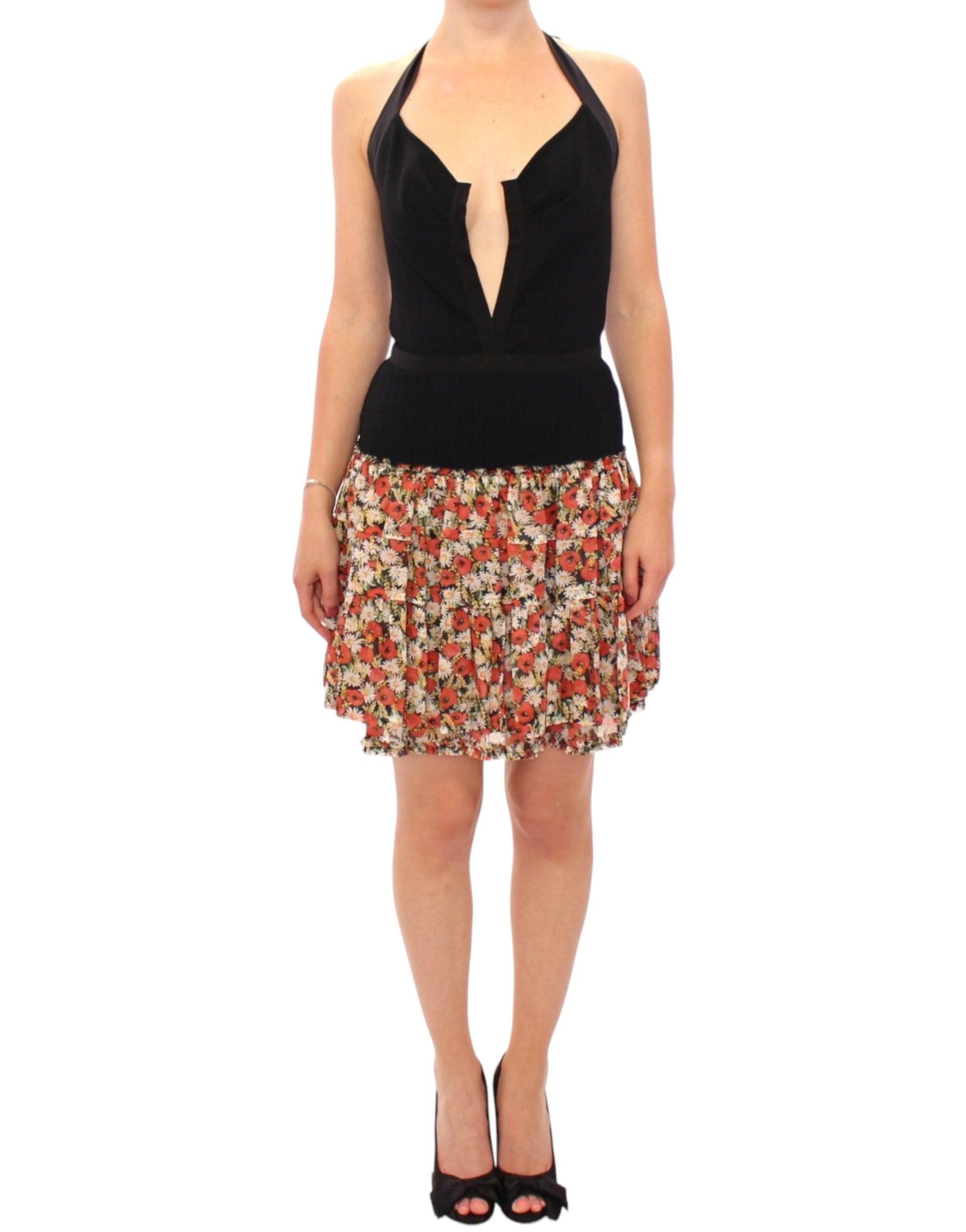 Robe bustier à fleurs multicolores de Dolce & Gabbana, robe en forme de bulle avec col halter, tissu élégant et coloré.