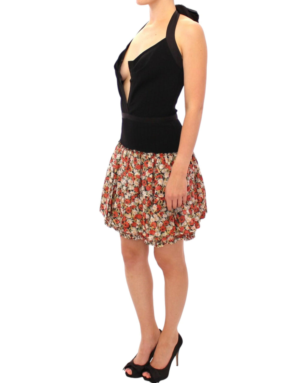 Robe bustier à fleurs multicolores Dolce & Gabbana avec décolleté en halterneck, tissu fluide et motif floral vif.