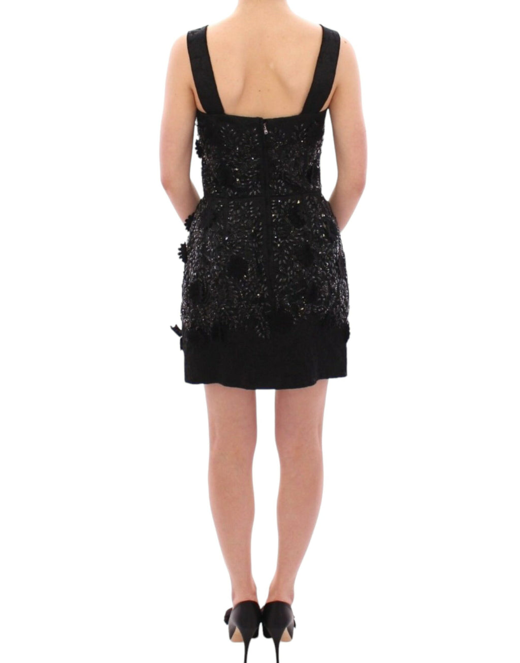 Robe noire Dolce & Gabbana à motifs floraux avec cristaux, élégante et sophistiquée, vue de face.