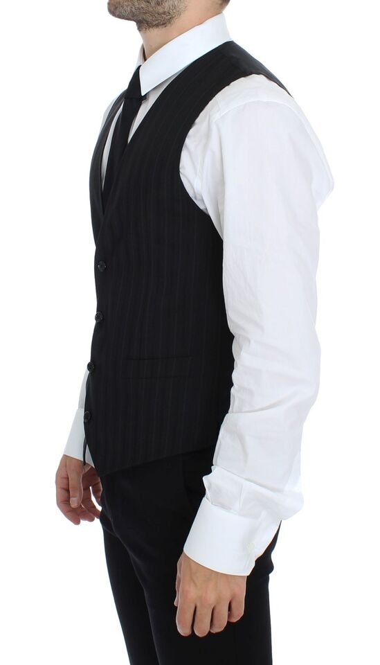 Gilet noir à rayures stretch de Dolce & Gabbana, veste ajustée élégante pour homme.