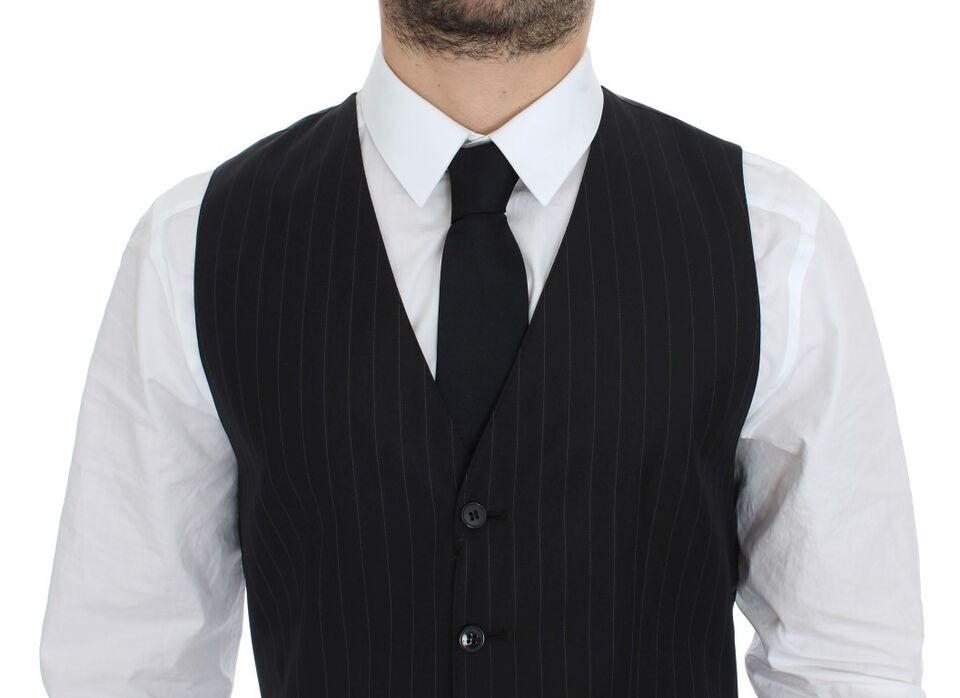 Gilet Dolce & Gabbana en laine et soie noire à rayures, sans manches, élégant vêtement de mode pour femme.