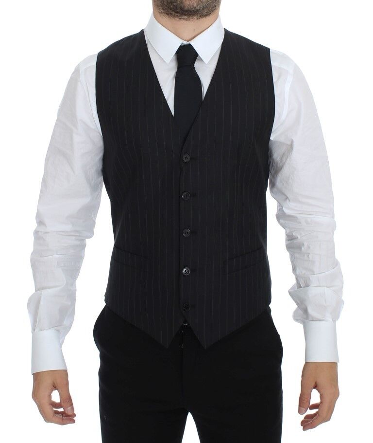 Gilet Dolce & Gabbana en laine et soie noire à rayures, veste élégante pour femme, détail visible du tissu et du design.
