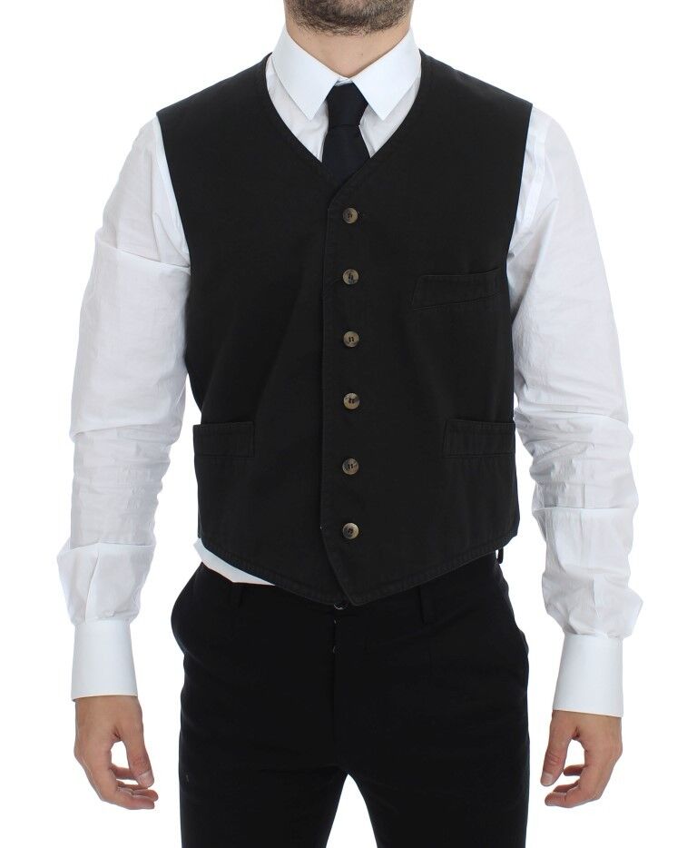 Gilet Dolce & Gabbana en coton mélangé noir, veste sans manches élégante pour homme, détail en tissu de haute qualité.