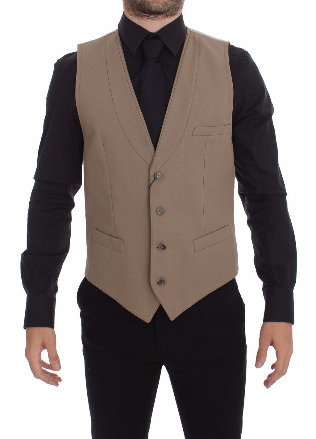 Gilet beige en coton Dolce & Gabbana, coupe slim, avec boutons sur le devant, porté comme vêtement élégant pour homme.