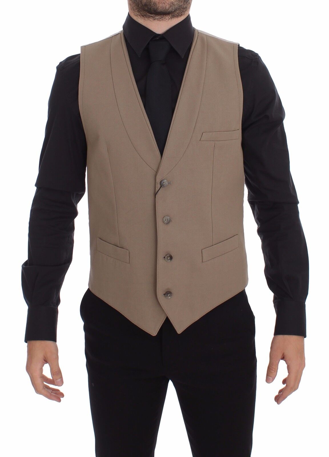 Gilet beige en coton Dolce & Gabbana, coupe slim, avec boutons sur le devant, porté comme vêtement élégant pour homme.