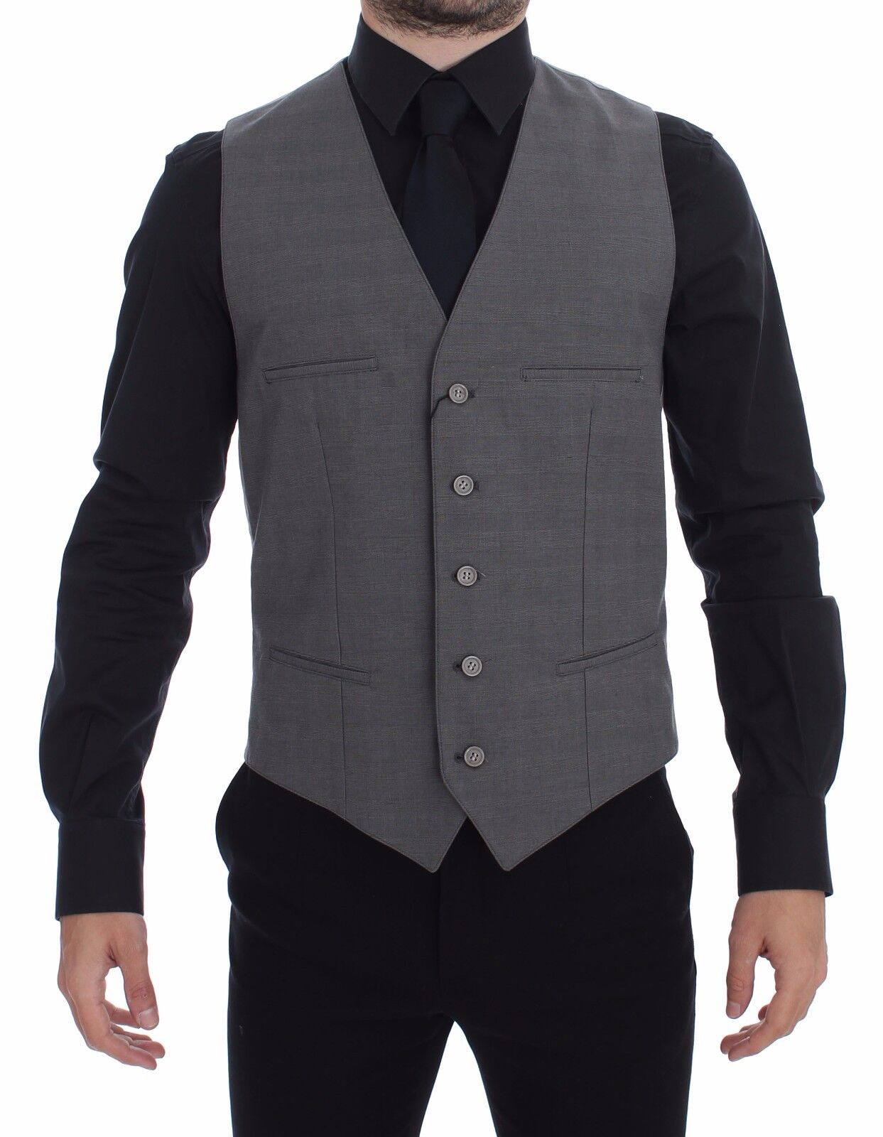 Gilet gris en coton Dolce & Gabbana à coupe slim, avec boutons sur le devant, porté comme vêtement élégant.