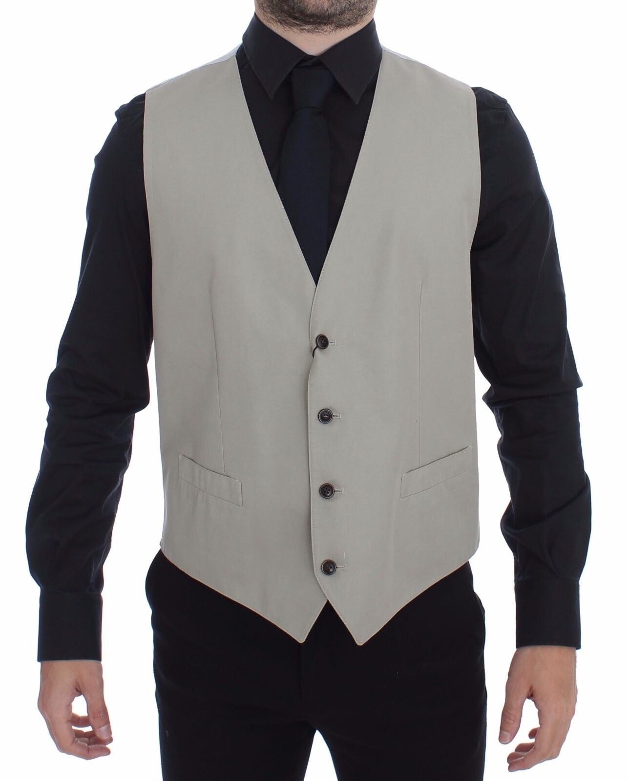 Gilet blazer beige en coton et soie de Dolce & Gabbana, veste chic pour homme ou femme, détails élégants visibles.