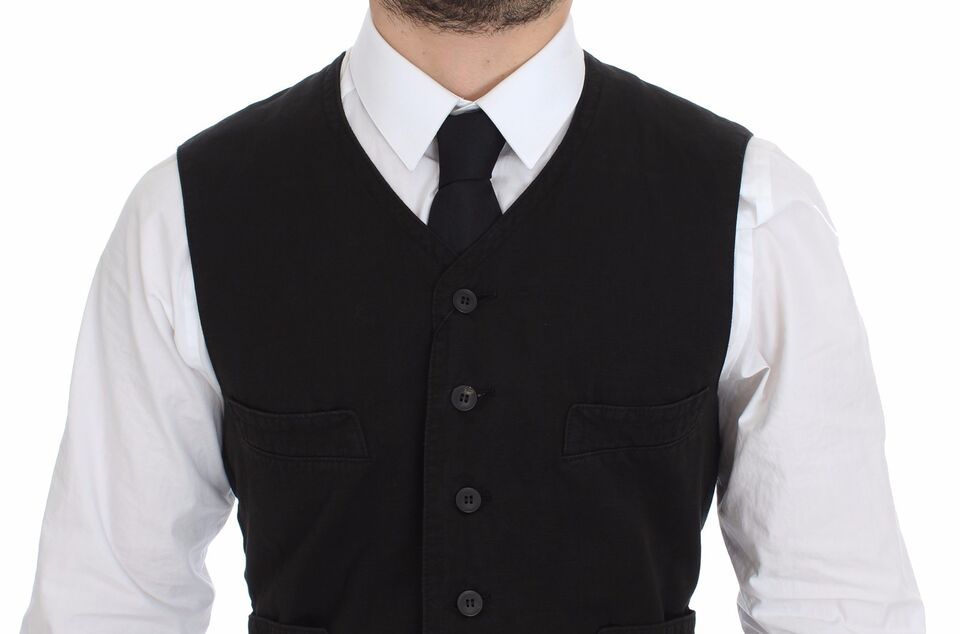 Gilet blazer noir en coton de la marque Dolce & Gabbana avec détails en lin, porté sur un mannequin.