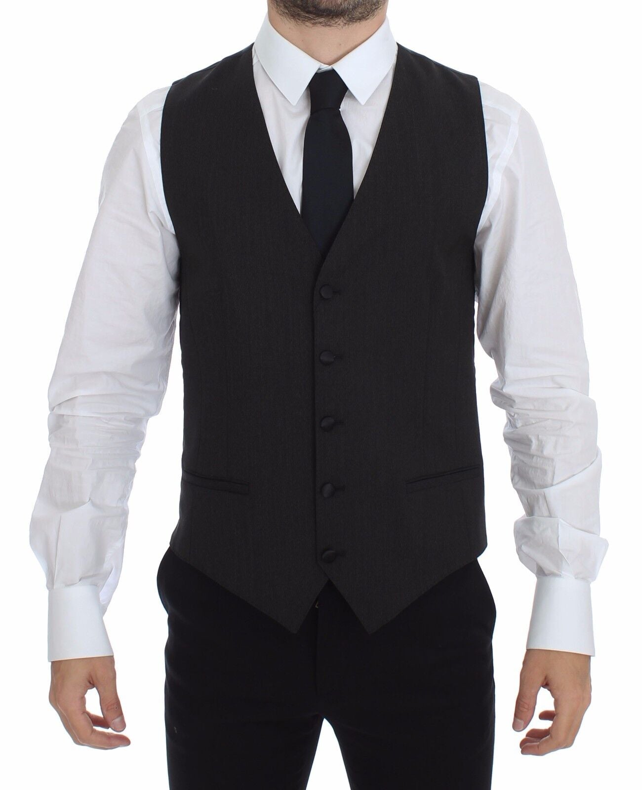 Gilet blazer gris en laine stretch de Dolce & Gabbana, veste élégante pour homme ou femme, détail sophistiqué et tissu de qualité.
