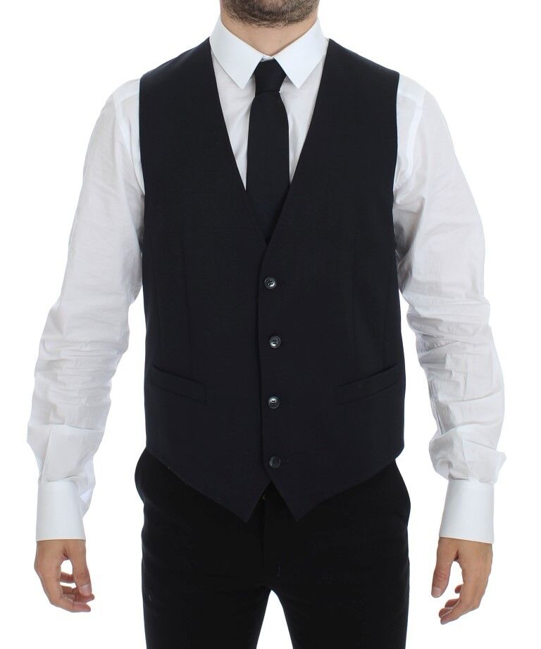 Gilet blazer Dolce & Gabbana en coton bleu stretch, élégance masculine avec coupe ajustée et détails sophistiqués.