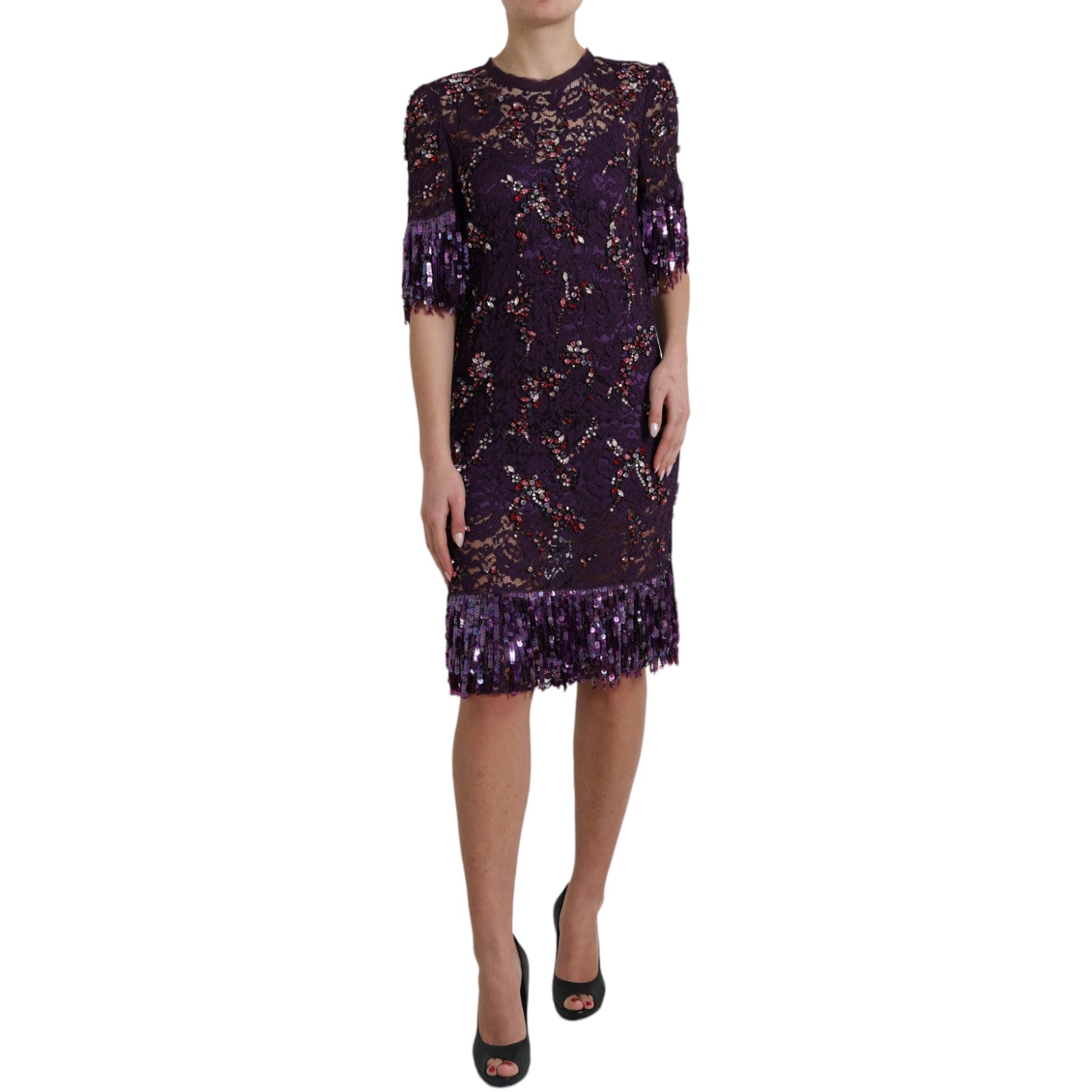 Robe en dentelle florale violette Dolce & Gabbana avec cristaux, élégante et sophistiquée, vue de face.