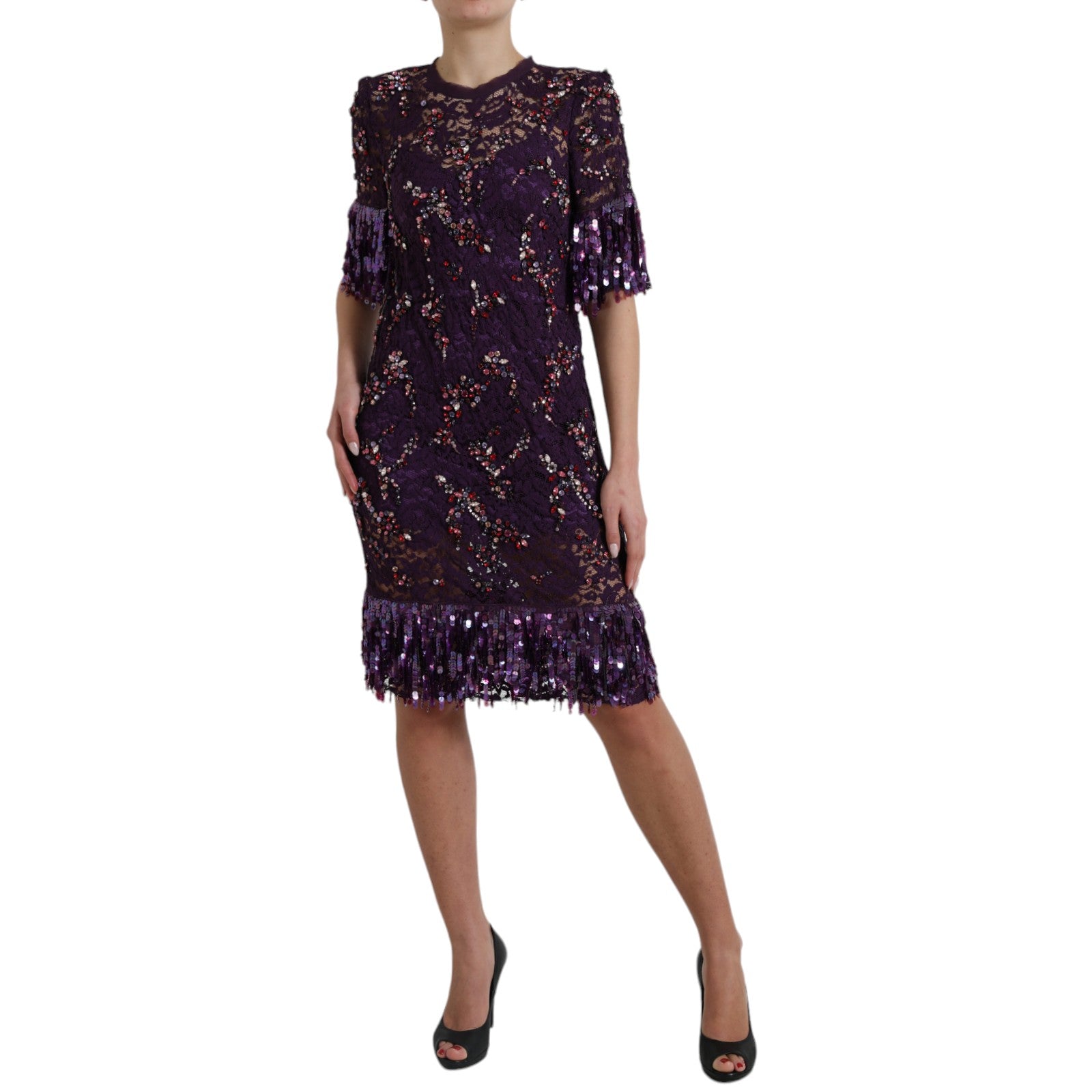 Robe en dentelle florale violette Dolce & Gabbana ornée de cristaux, élégante et raffinée pour occasions spéciales.