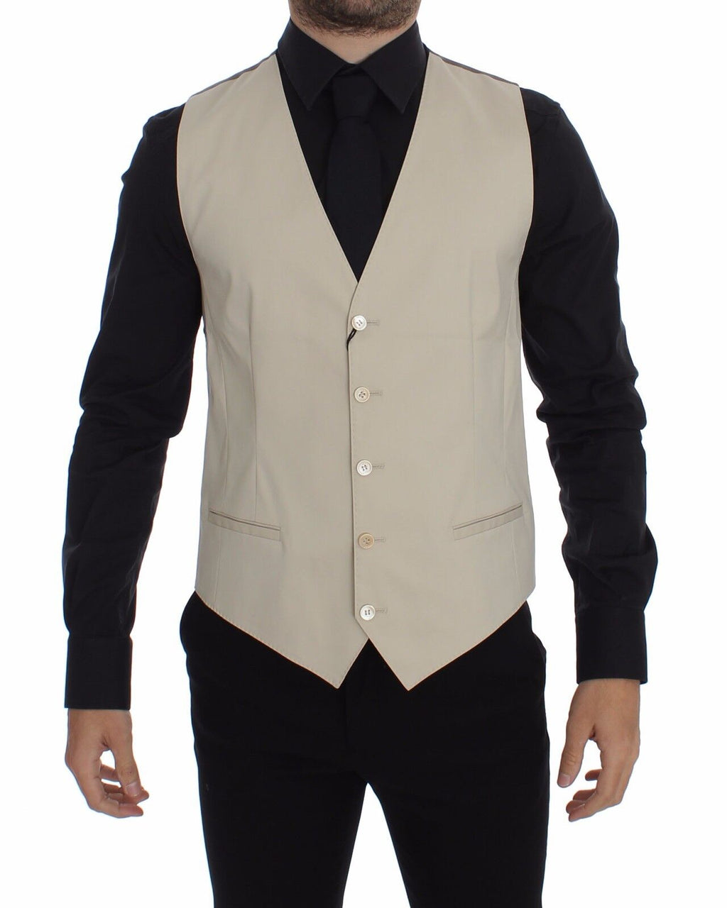 Gilet blazer en coton beige stretch Dolce & Gabbana porté, avec col, boutons et coupe élégante pour homme ou femme.