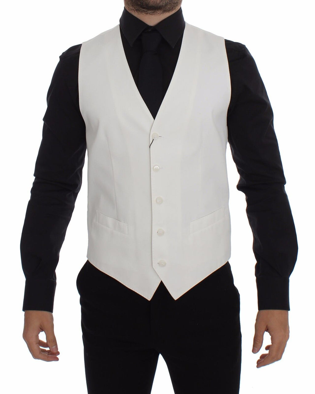 Gilet blazer blanc en coton et soie Dolce & Gabbana, vêtement élégant avec col et boutons visibles.