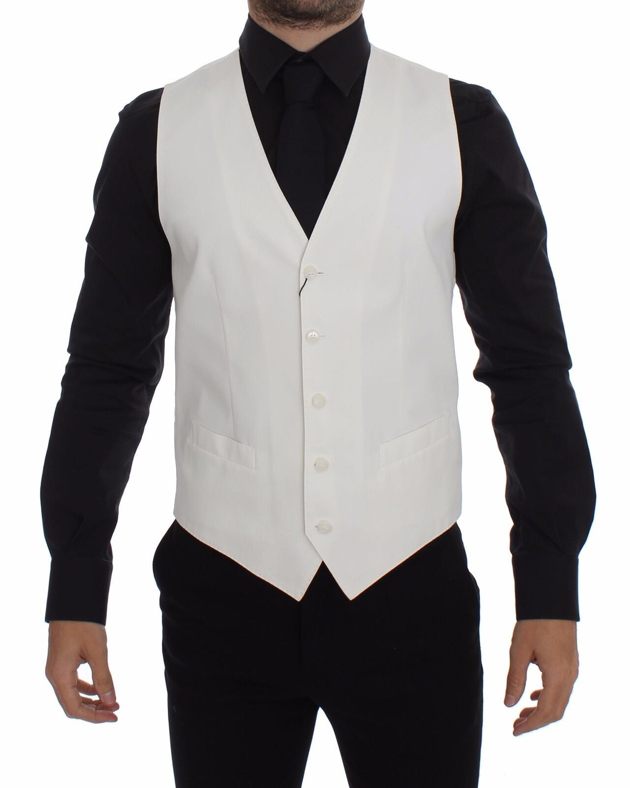 Gilet blazer blanc en coton et soie Dolce & Gabbana, vêtement élégant avec col et boutons visibles.