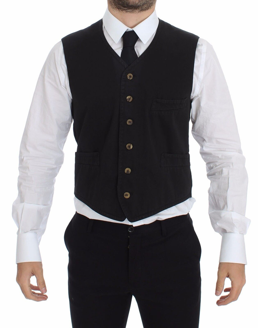 Gilet blazer noir en coton viscose de Dolce & Gabbana, veste élégante pour hommes, avec col et boutons visibles.
