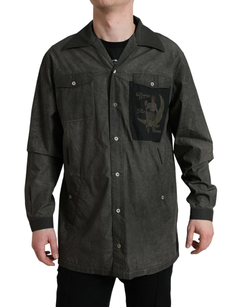 Chemise homme Dolce & Gabbana en coton gris foncé à col et manches longues, élégante et confortable.