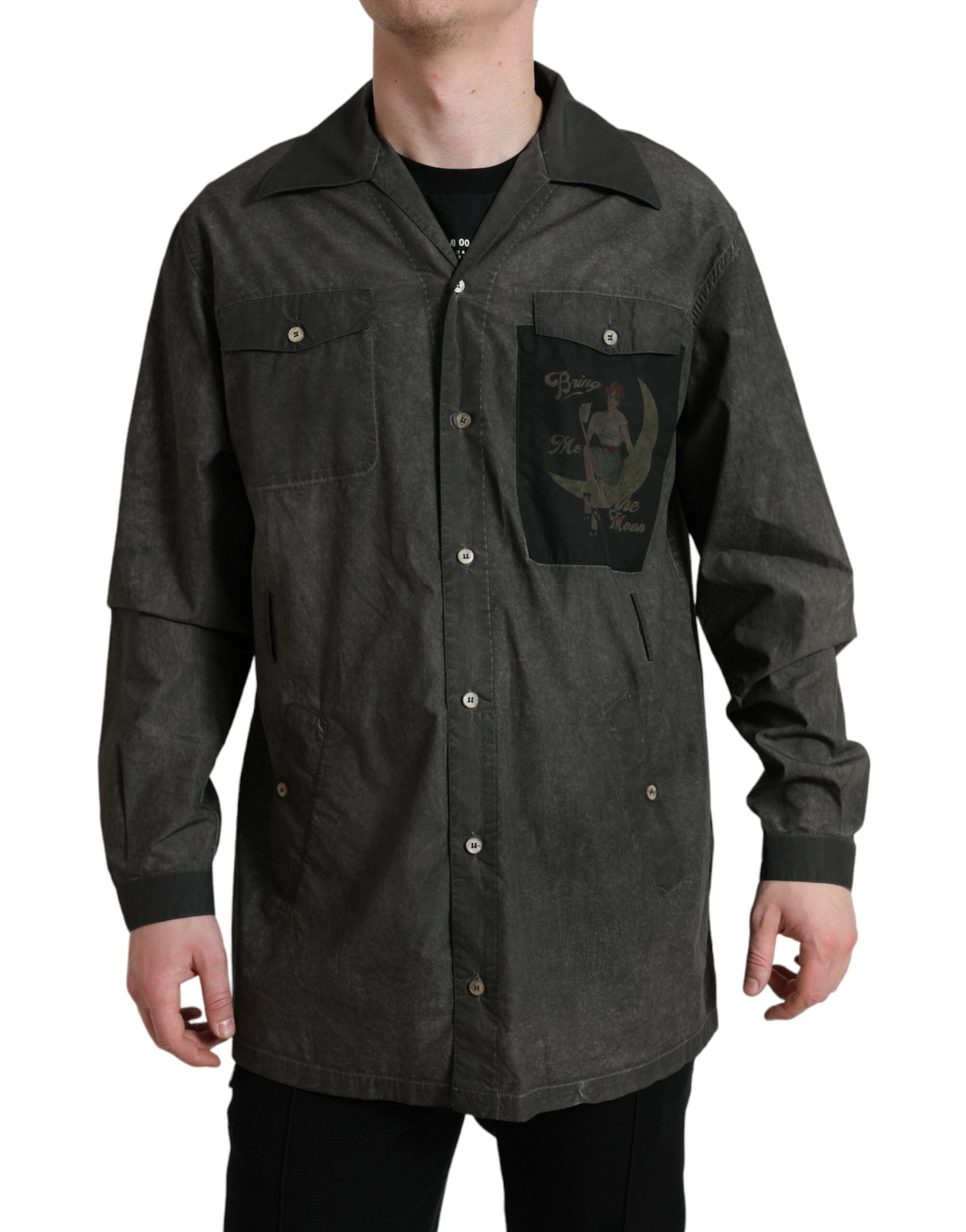Chemise homme Dolce & Gabbana en coton gris foncé à col et manches longues, élégante et confortable.