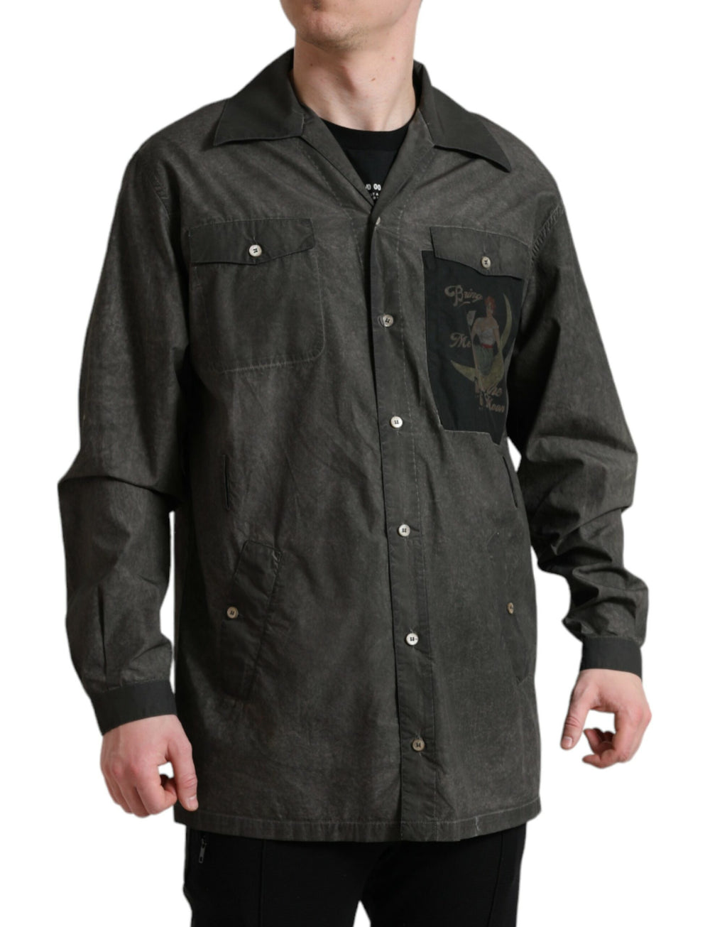 Chemise à manches longues en coton gris foncé Dolce & Gabbana avec col, vue de face.