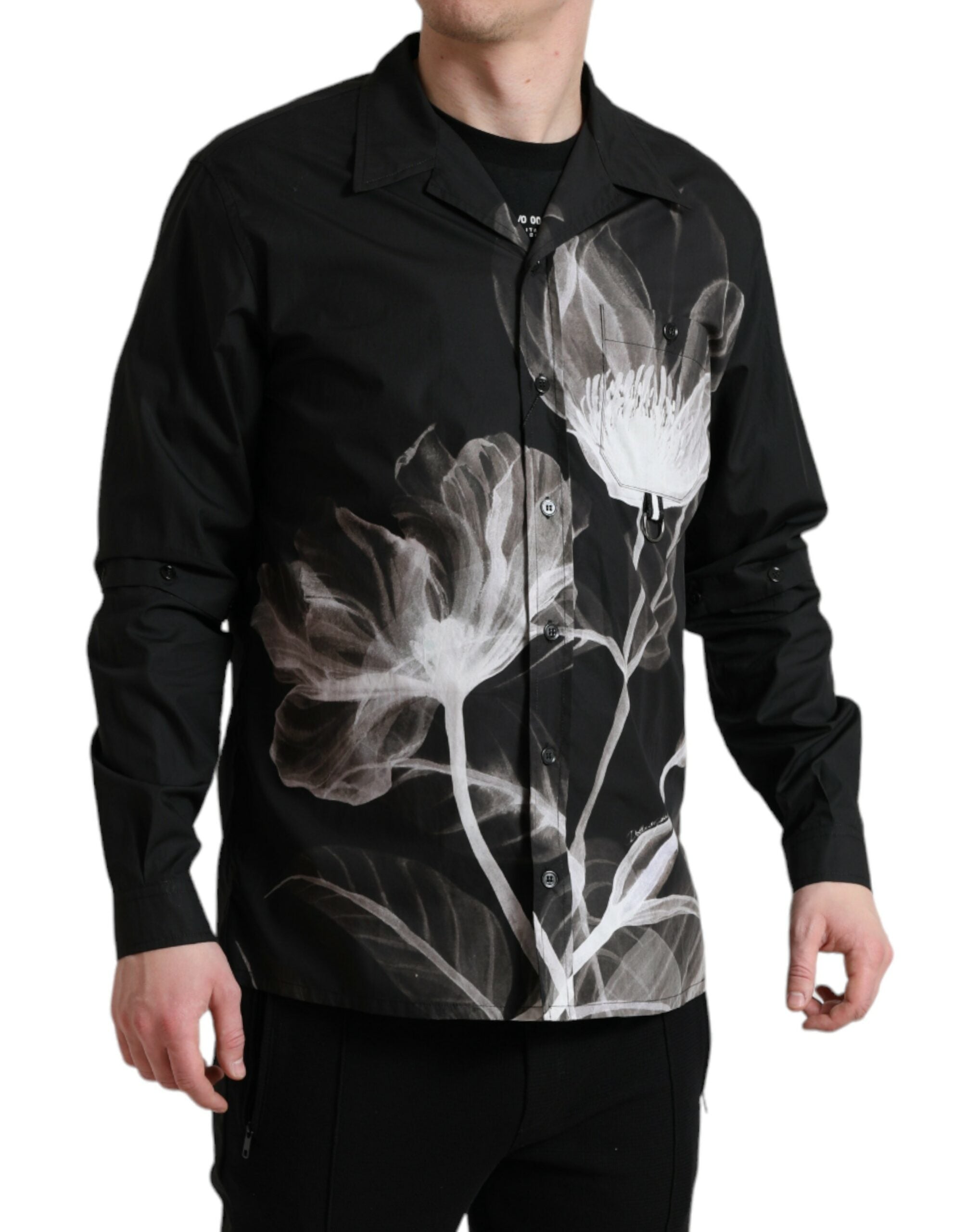 Chemise homme Dolce & Gabbana à manches longues avec col en coton noir à fleurs, look élégant et sophistiqué.