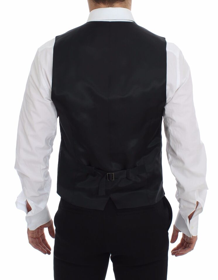 Gilet en laine gris à rayures avec logo Dolce & Gabbana, veste élégante pour homme ou femme.