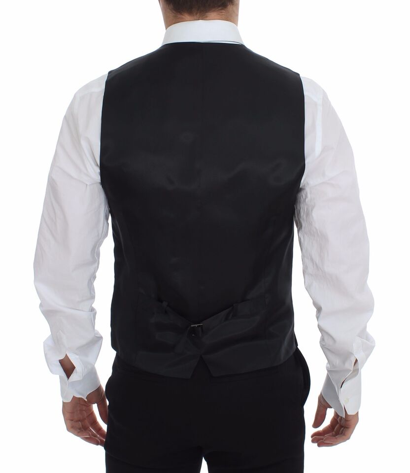 Gilet en laine gris à rayures avec logo Dolce & Gabbana, veste élégante pour homme, détail visible sur le devant.