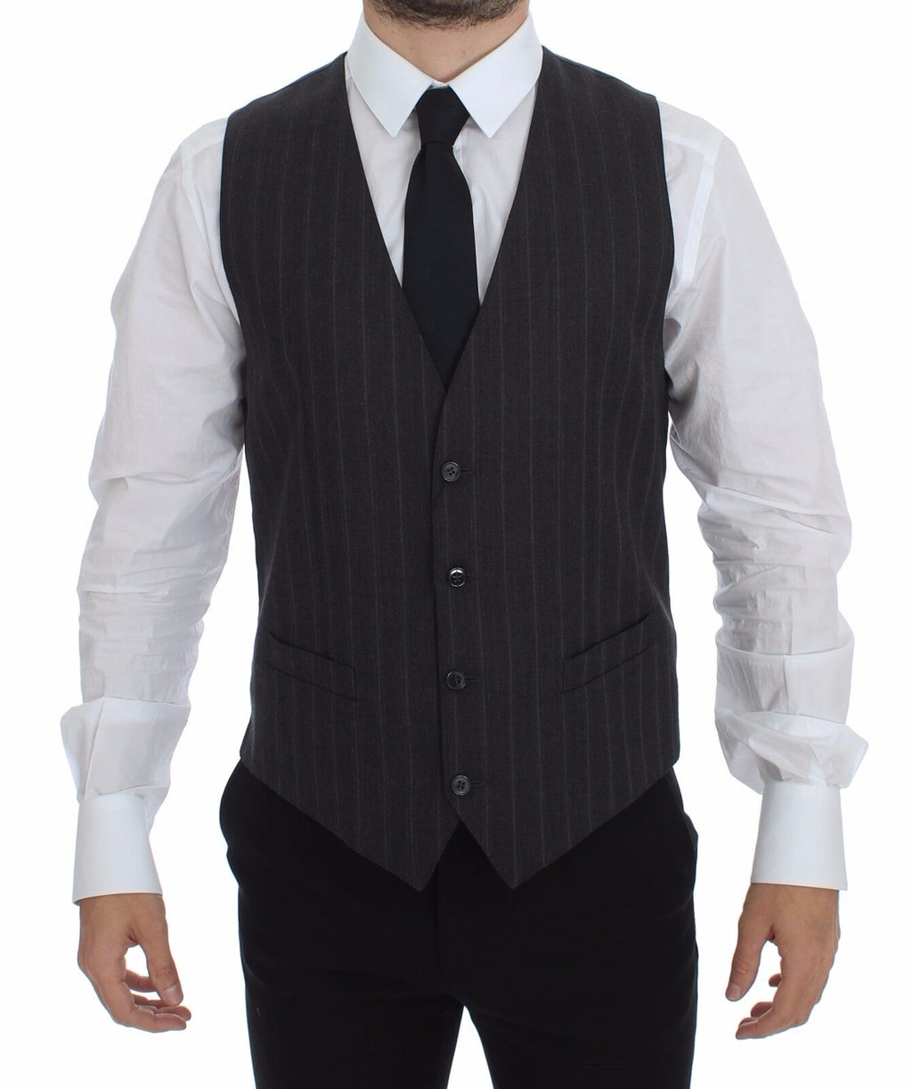 Gilet en laine gris à rayures avec logo Dolce & Gabbana, veste élégante pour homme.