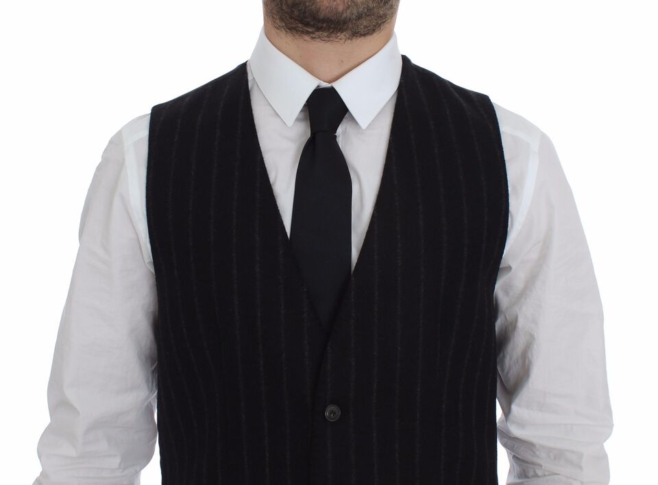 Gilet en laine noire à rayures Dolce & Gabbana avec logo, veste élégante pour homme ou femme.