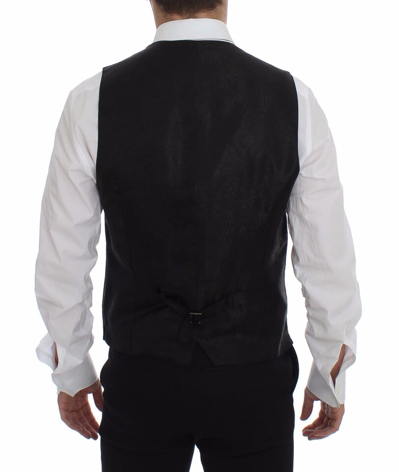 Gilet Dolce & Gabbana en laine noire à rayures avec logo, veste élégante pour homme.