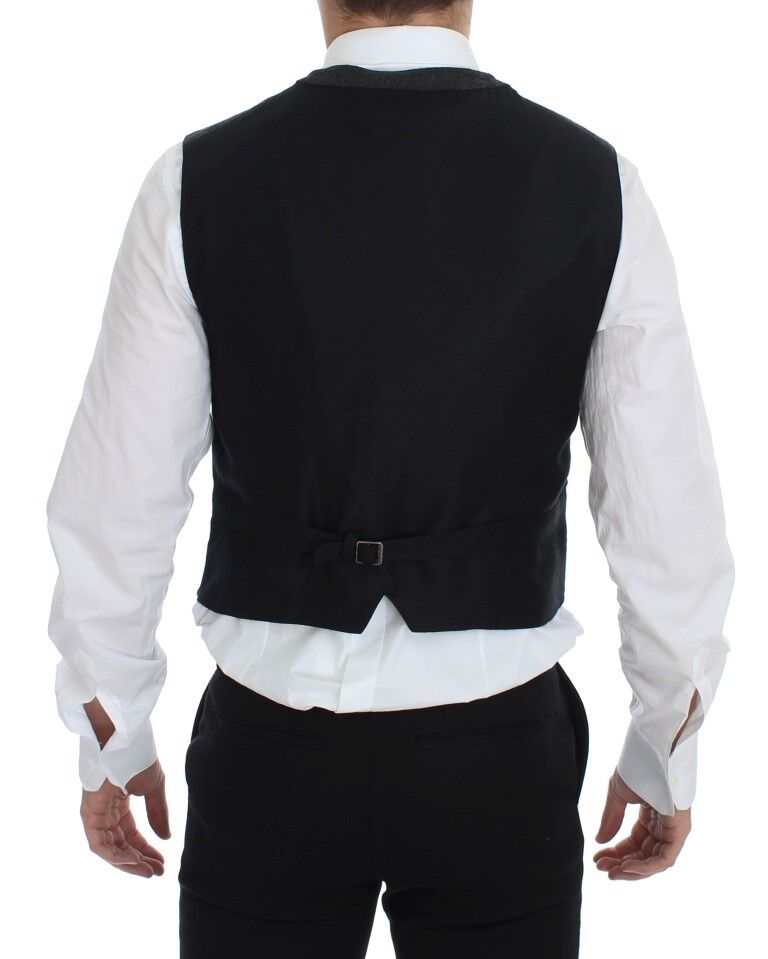 Gilet Dolce & Gabbana en laine mélangée grise avec logo, veste élégante pour homme ou femme, détails visibles en image.