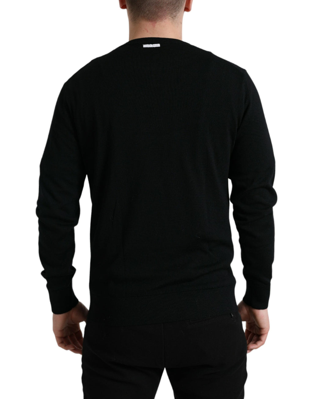Pull-over noir en laine à col rond de Dolce & Gabbana, pull élégant et chaud pour homme.