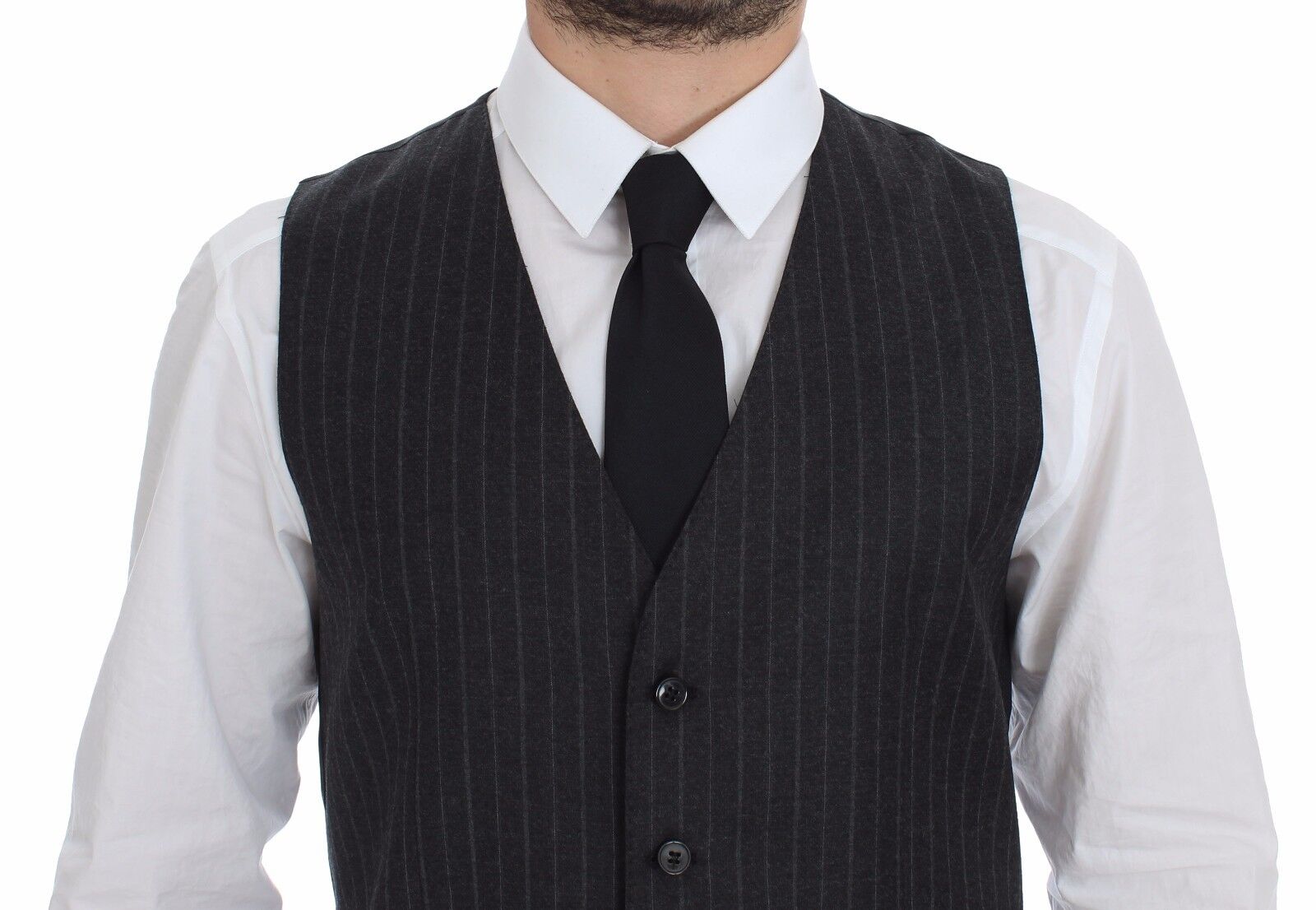 Gilet en laine gris rayé avec logo Dolce & Gabbana, veste élégante et sophistiquée pour homme.