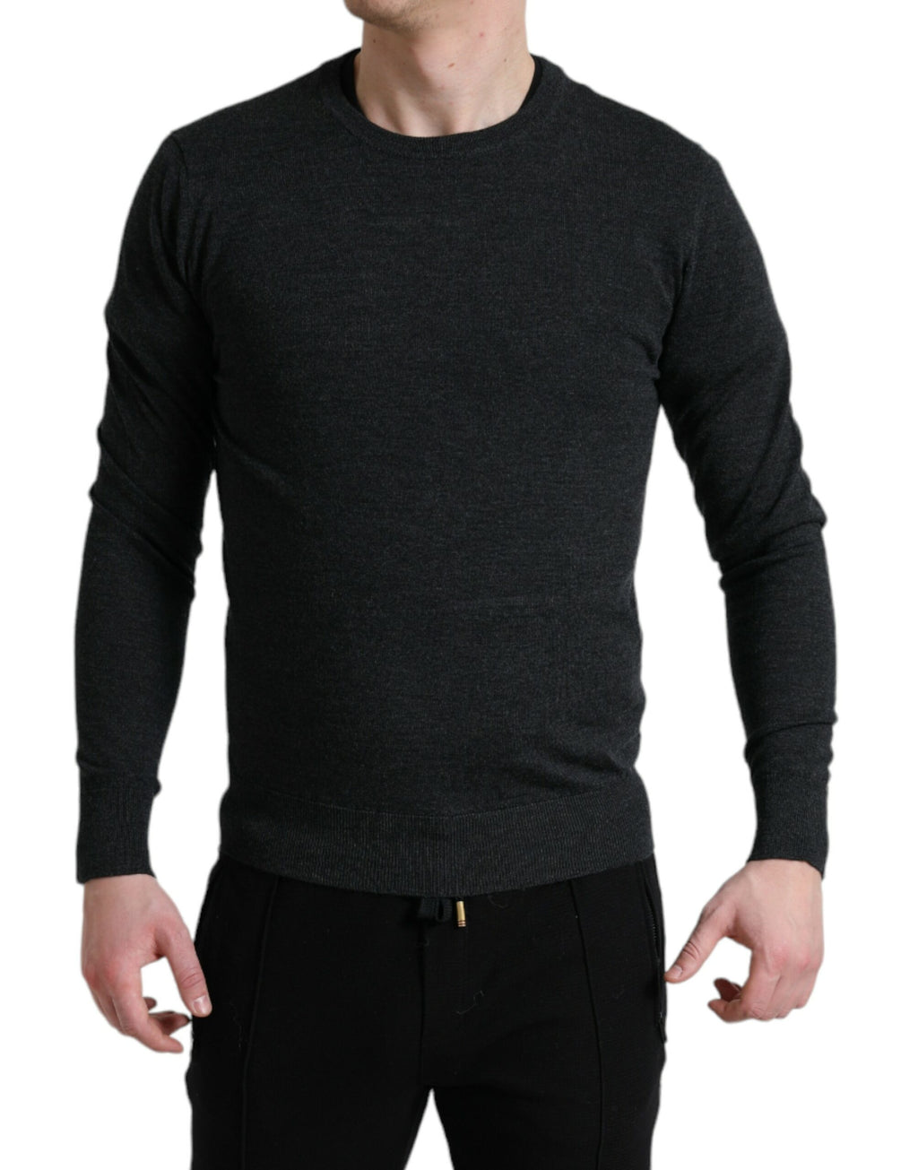 Pull en laine gris Dolce & Gabbana à col rond, vue de face, détail du tissu et design élégant.
