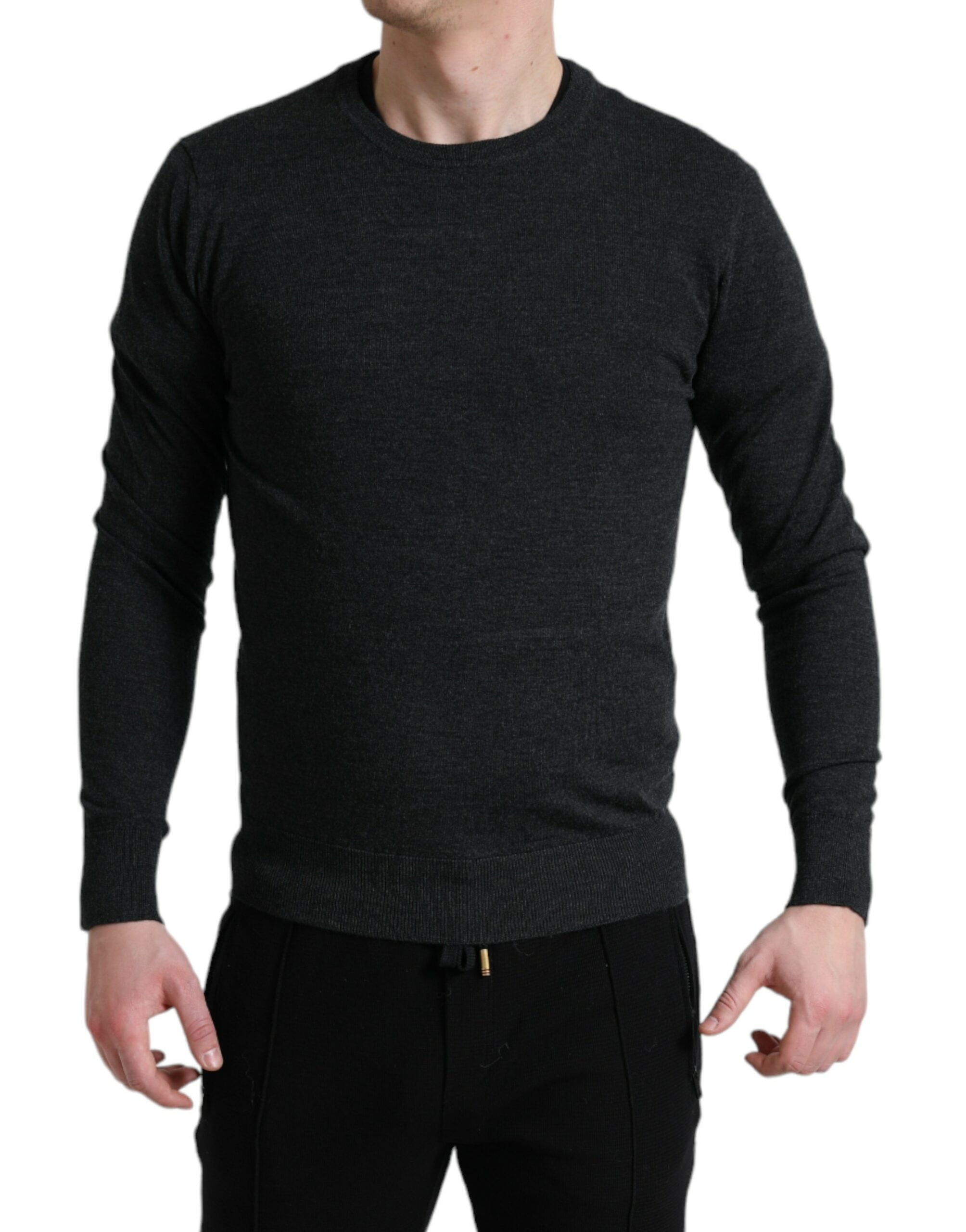 Pull en laine gris Dolce & Gabbana à col rond, vue de face, détail du tissu et design élégant.