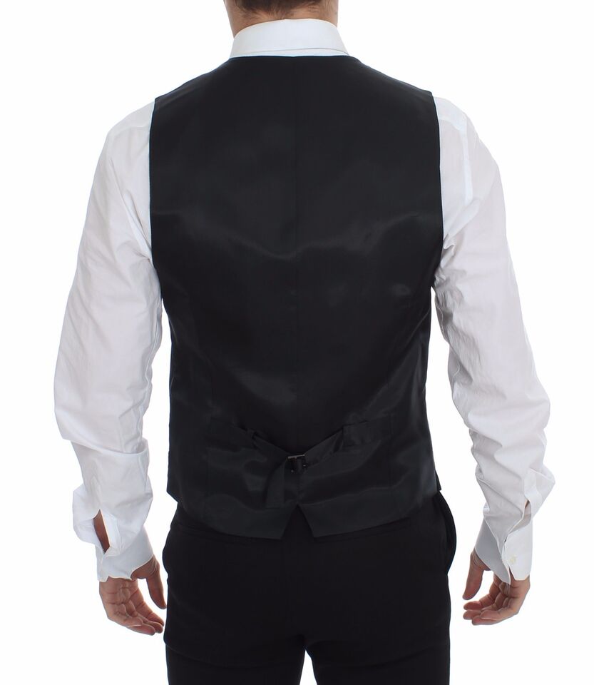 Gilet Dolce & Gabbana en laine grise à rayures avec logo, veste élégante pour homme ou femme.