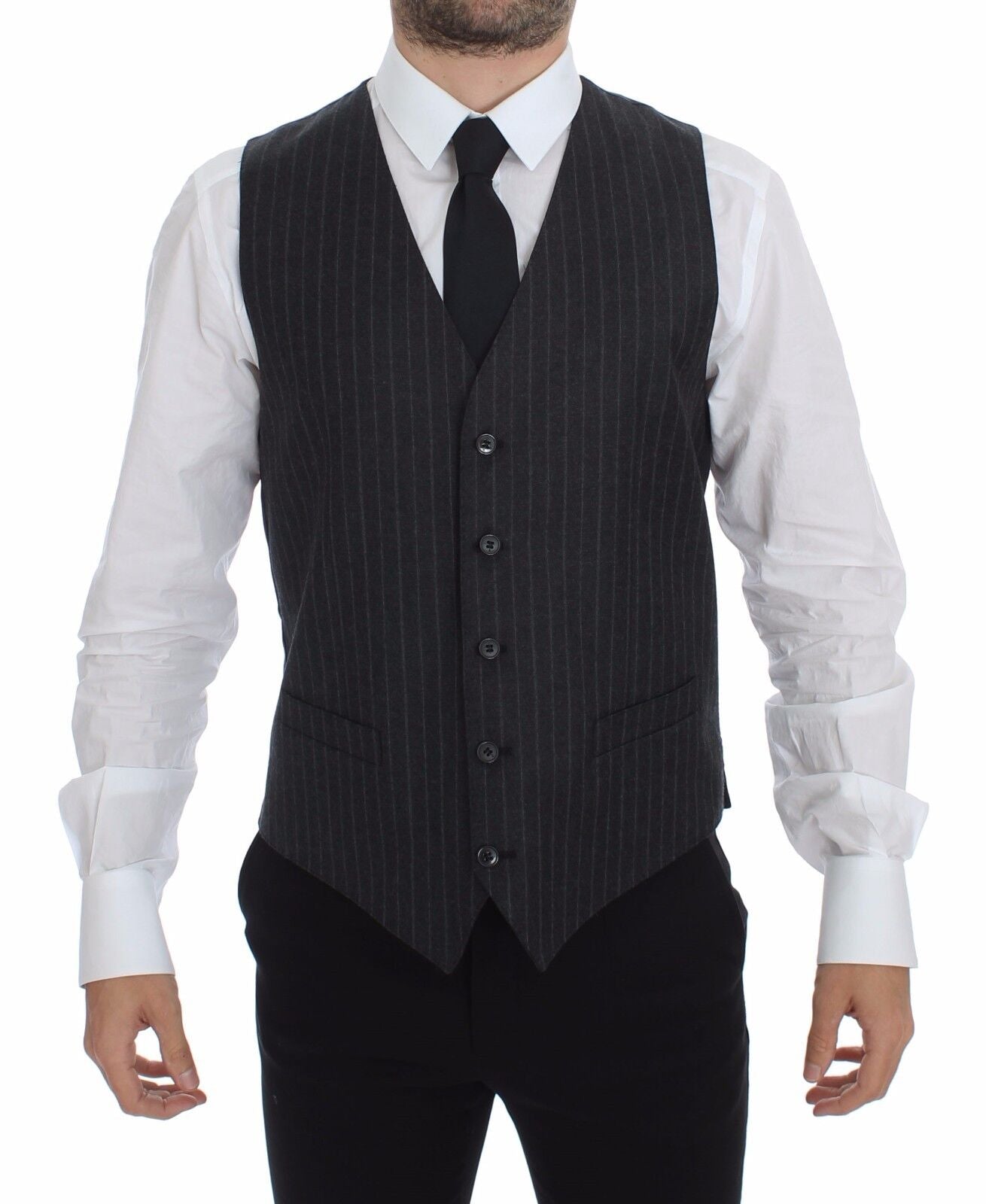 Gilet en laine gris à rayures avec logo Dolce & Gabbana, veste élégante pour homme, détail visible en image.