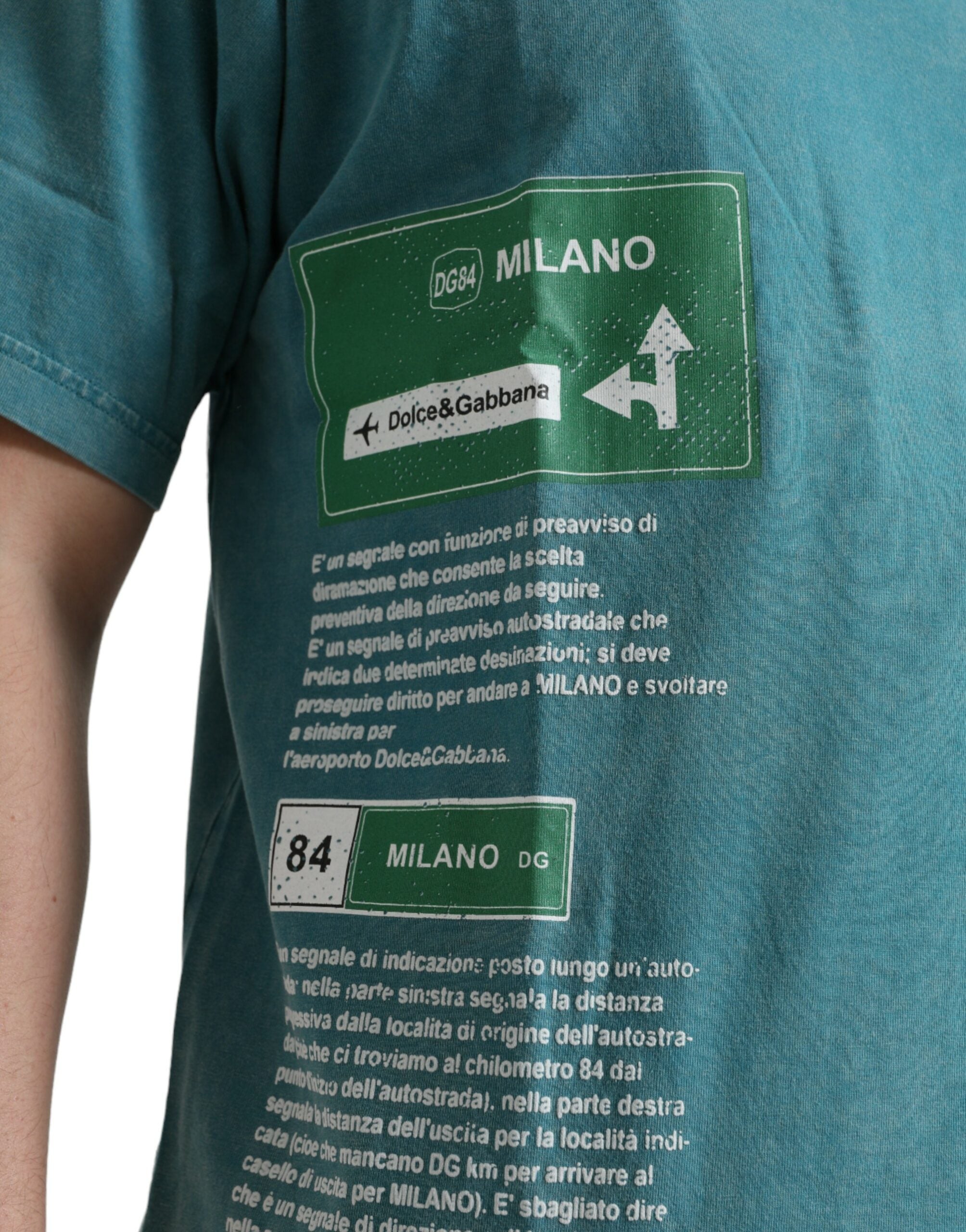 T-shirt à col rond Milano en coton bleu Dolce & Gabbana, vue de face, détails du tissu et design élégant visible.