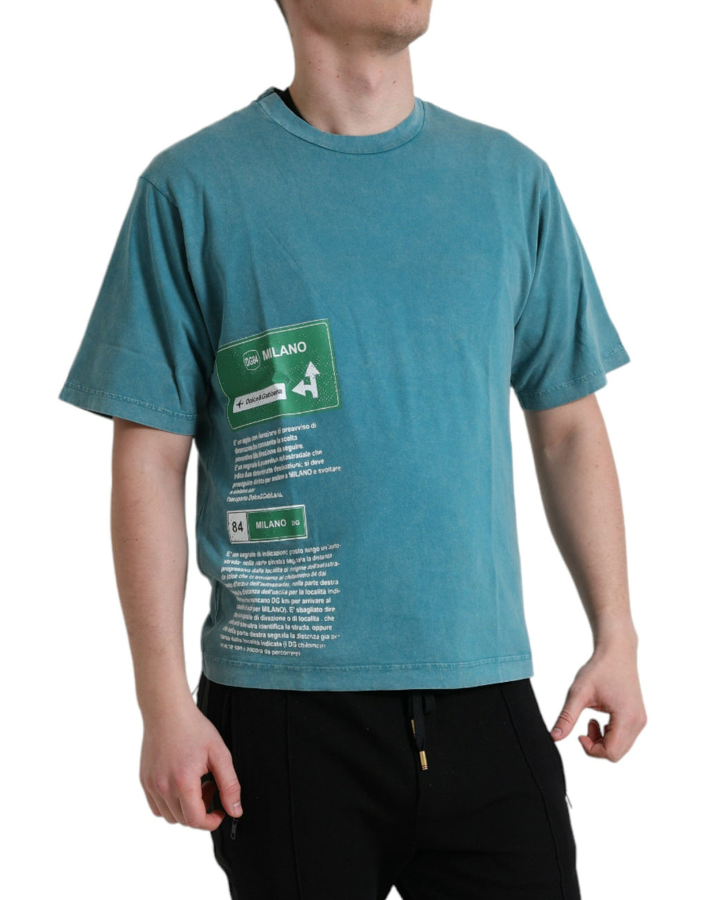 T-shirt ronde en coton bleu Dolce & Gabbana Milano Street, vue de face, détails du col et du tissu.