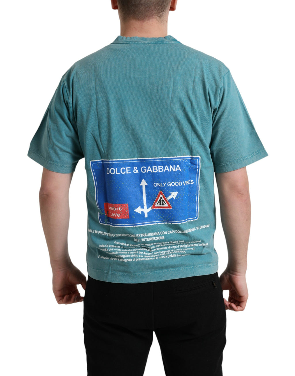T-shirt en coton bleu Dolce & Gabbana Milano Street avec col rond, vue de face, sur fond blanc.