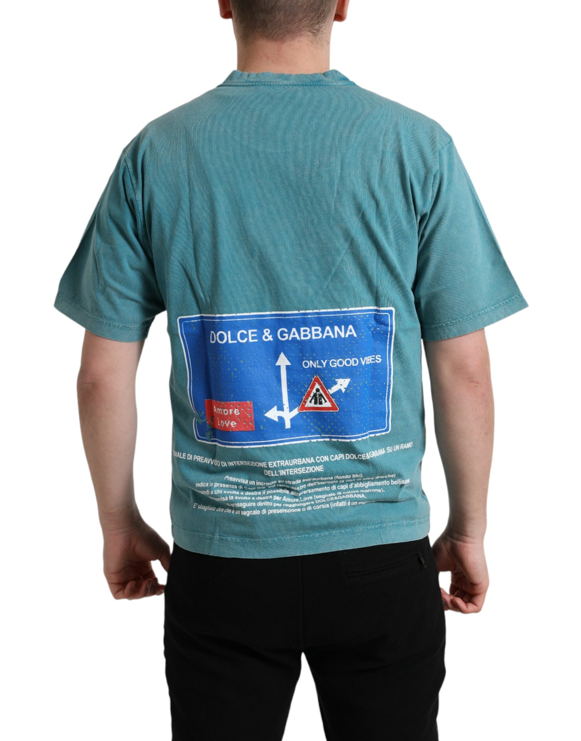 T-shirt en coton bleu Dolce & Gabbana Milano Street avec col rond, vue de face, sur fond blanc.