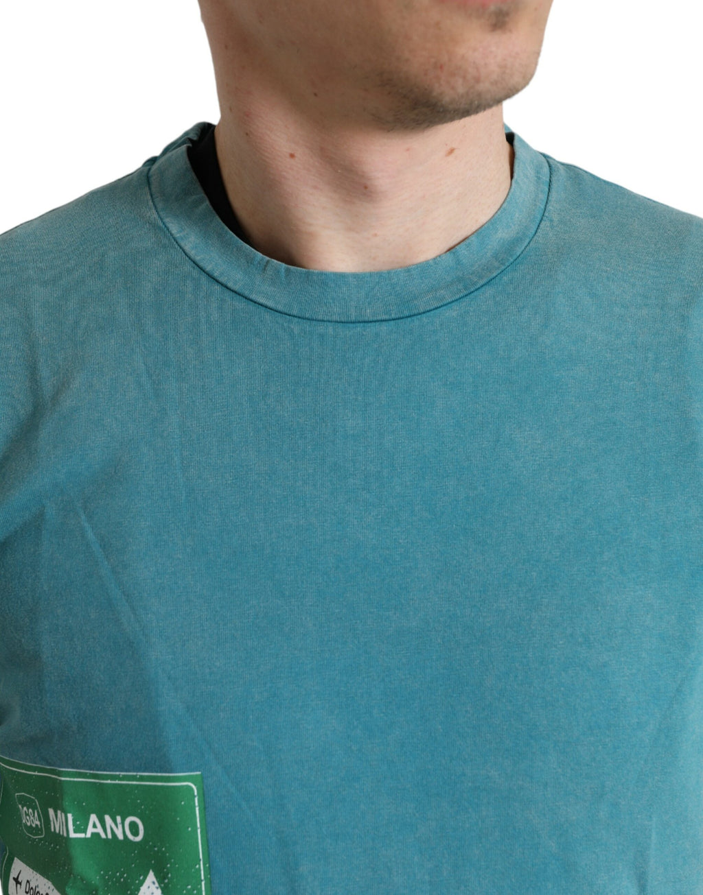 T-shirt ronde en coton bleu Dolce & Gabbana Milano Street, vue de face, avec col rond et logo discret.