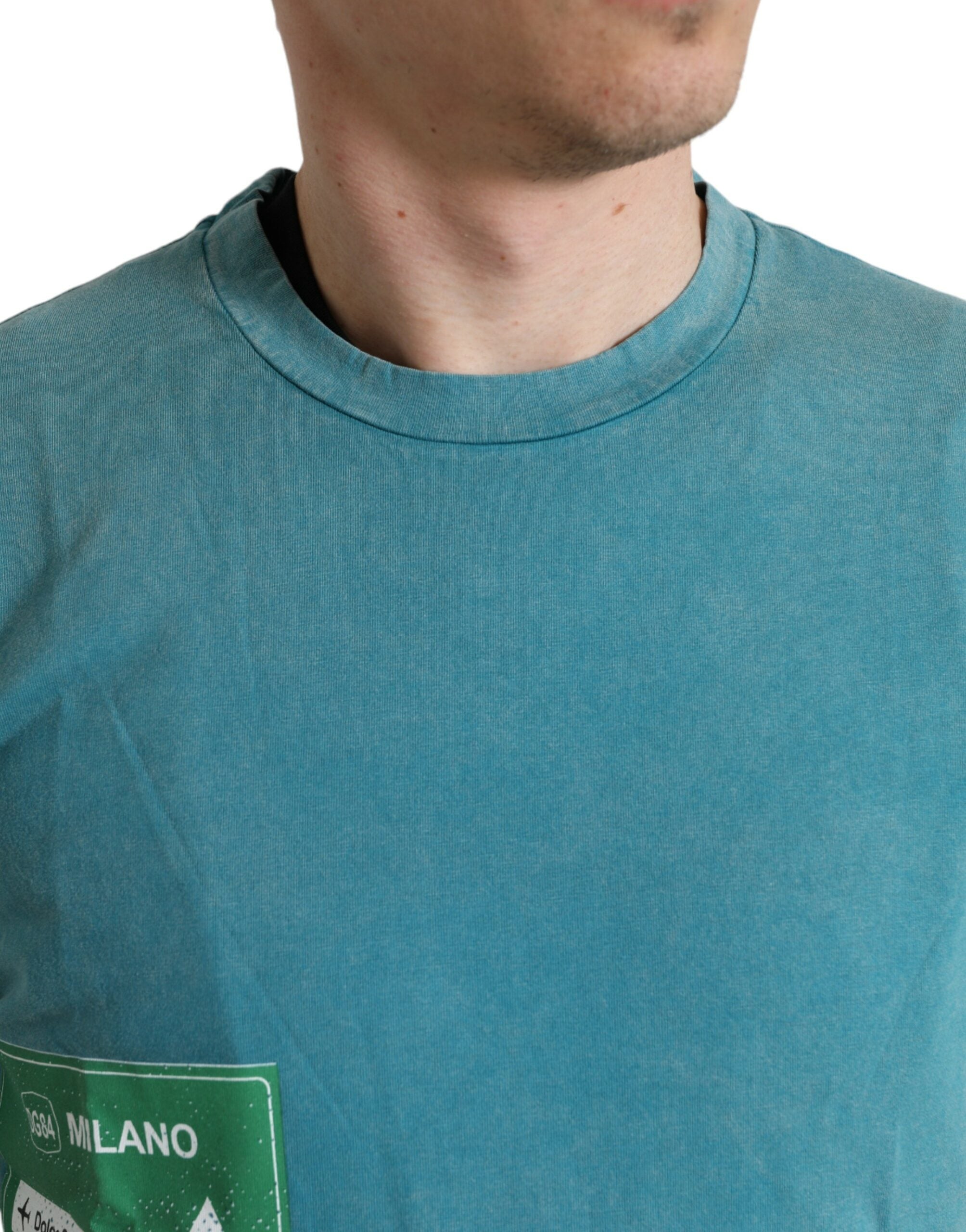 T-shirt ronde en coton bleu Dolce & Gabbana Milano Street, vue de face, avec col rond et logo discret.